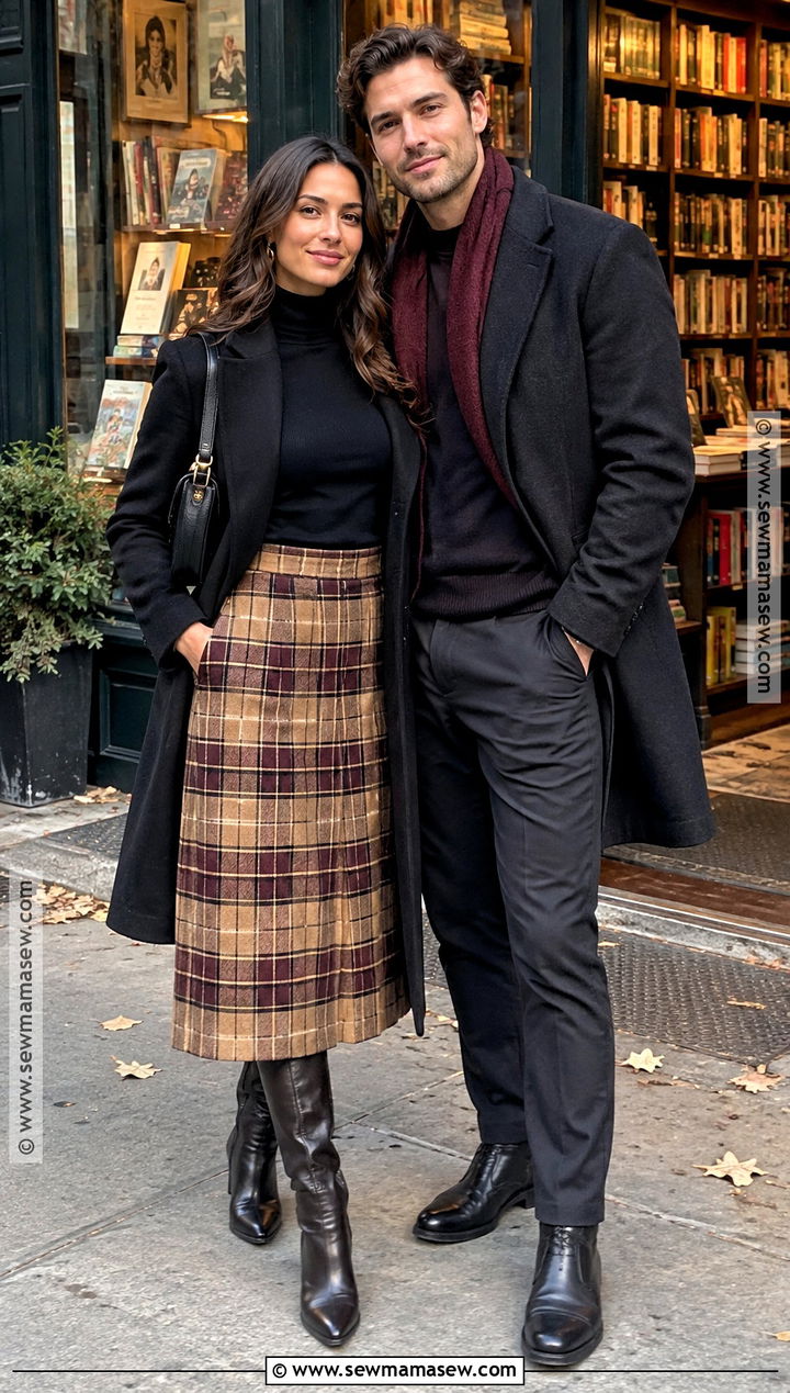 Black Turtleneck And Plaid Midi Skirt Engagement Outfit - 15 fall city engagement pictures outfit ideas