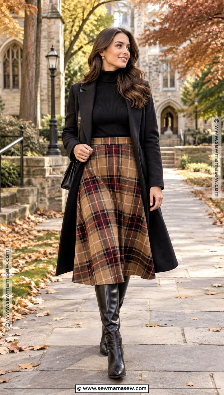 Black Turtleneck And Plaid Midi Skirt Engagement Outfit - 15 engagement fall outfits