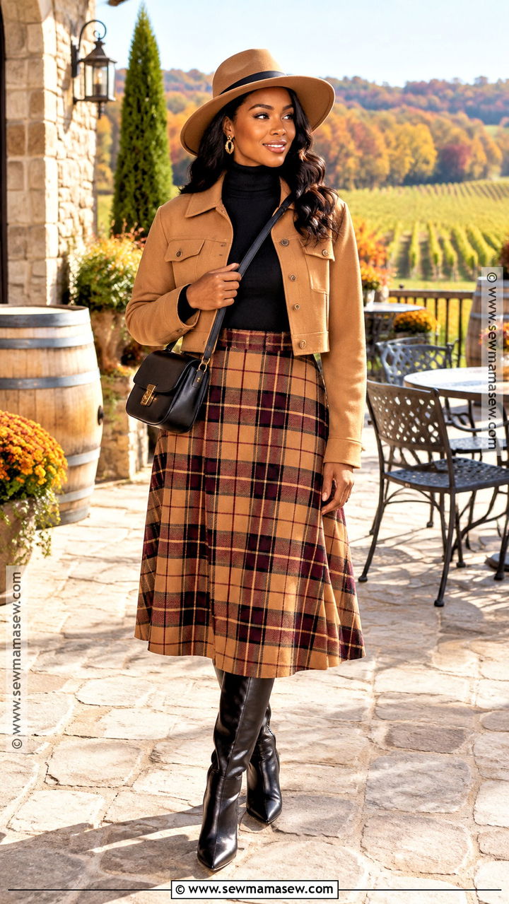 Black Turtleneck And Plaid Midi Skirt Winery Outfit - 20 winery outfit fall ideas for black women