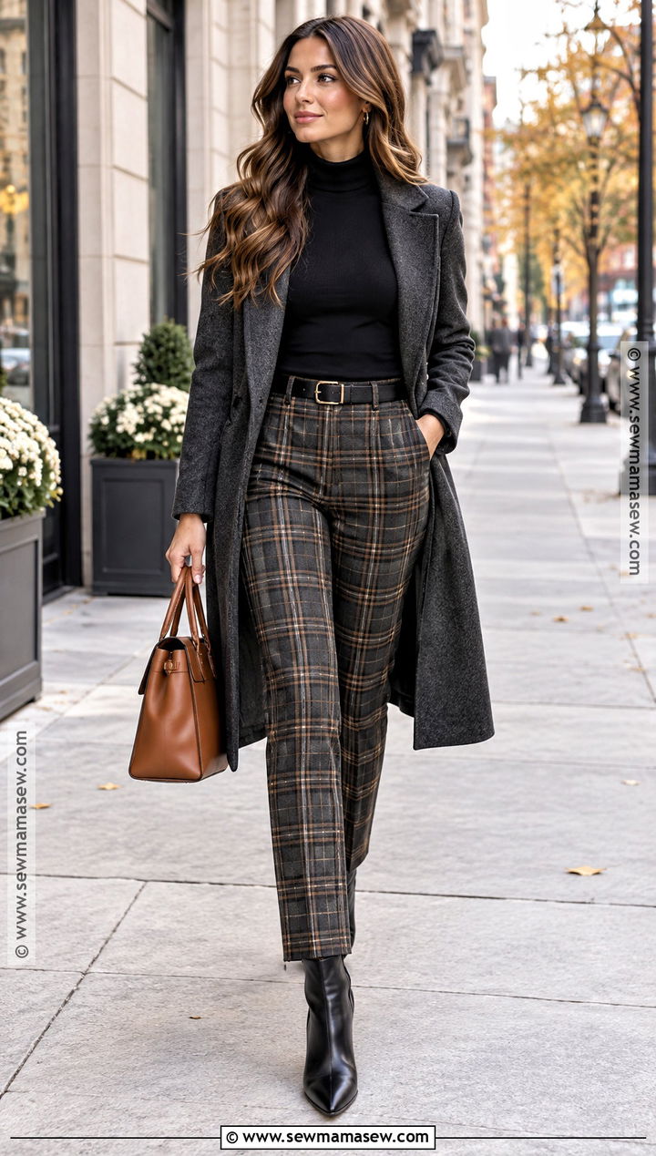 Black Turtleneck And Plaid Pants Fall Outfit - 25 fall classy outfits