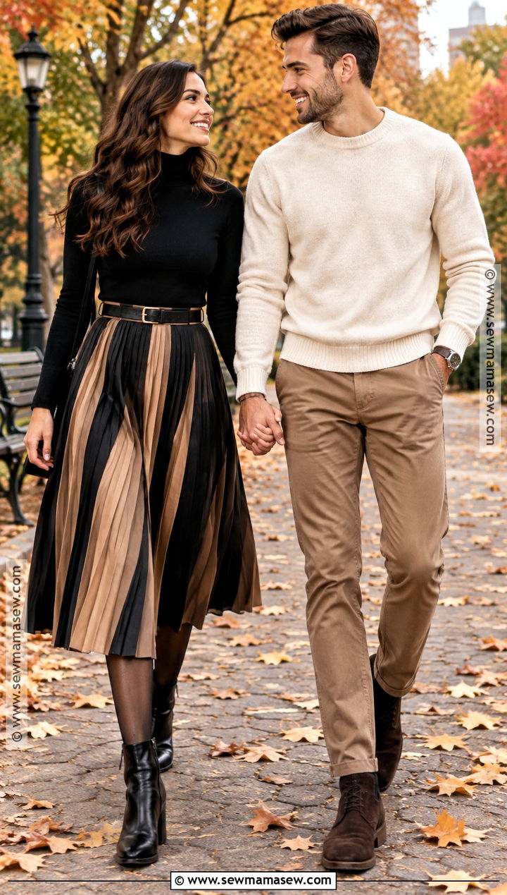 Black Turtleneck And Pleated Midi Skirt - 15 fall engagement pictures black outfit ideas