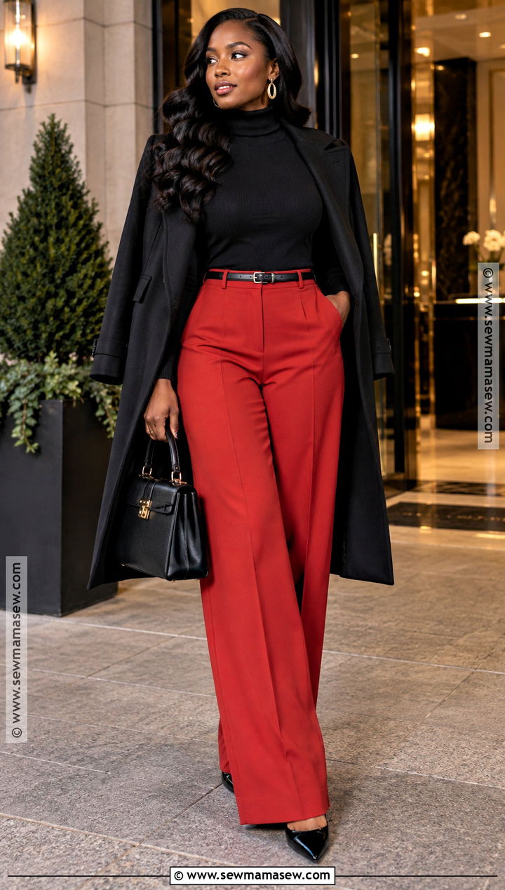 Black Turtleneck And Red Wide Leg Pants Outfit - 25 fall date night outfit ideas for black women