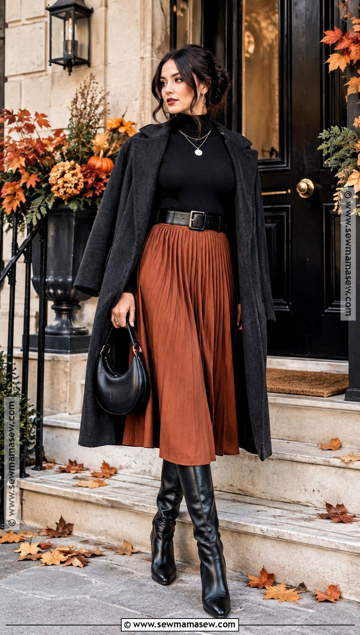 Black Turtleneck And Rust Midi Skirt Goth Outfit - 15 thanksgiving outfit goth ideas