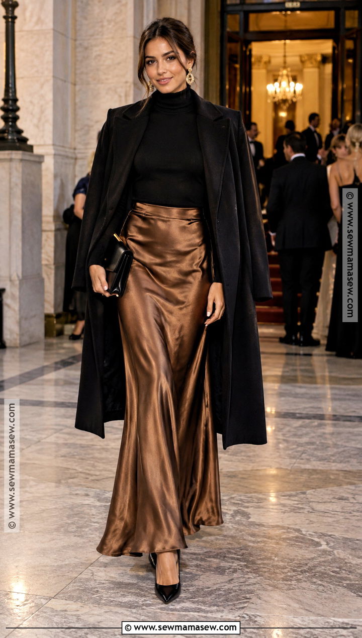 Black Turtleneck And Satin Maxi Skirt Fall Formal Outfit - 20 fall outfits formal
