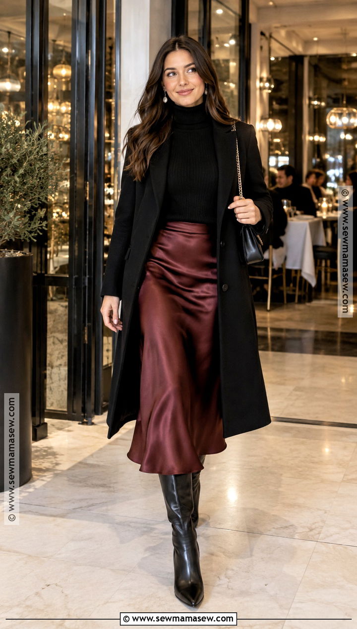 Black Turtleneck And Satin Midi Skirt Fall Dinner Outfit - 20 dinner fall outfit ideas
