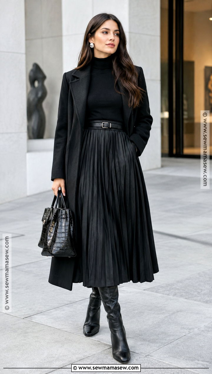 Black Turtleneck And Sculpted Midi Skirt Outfit - 15 Autumn Winter Fashion Collection Ideas