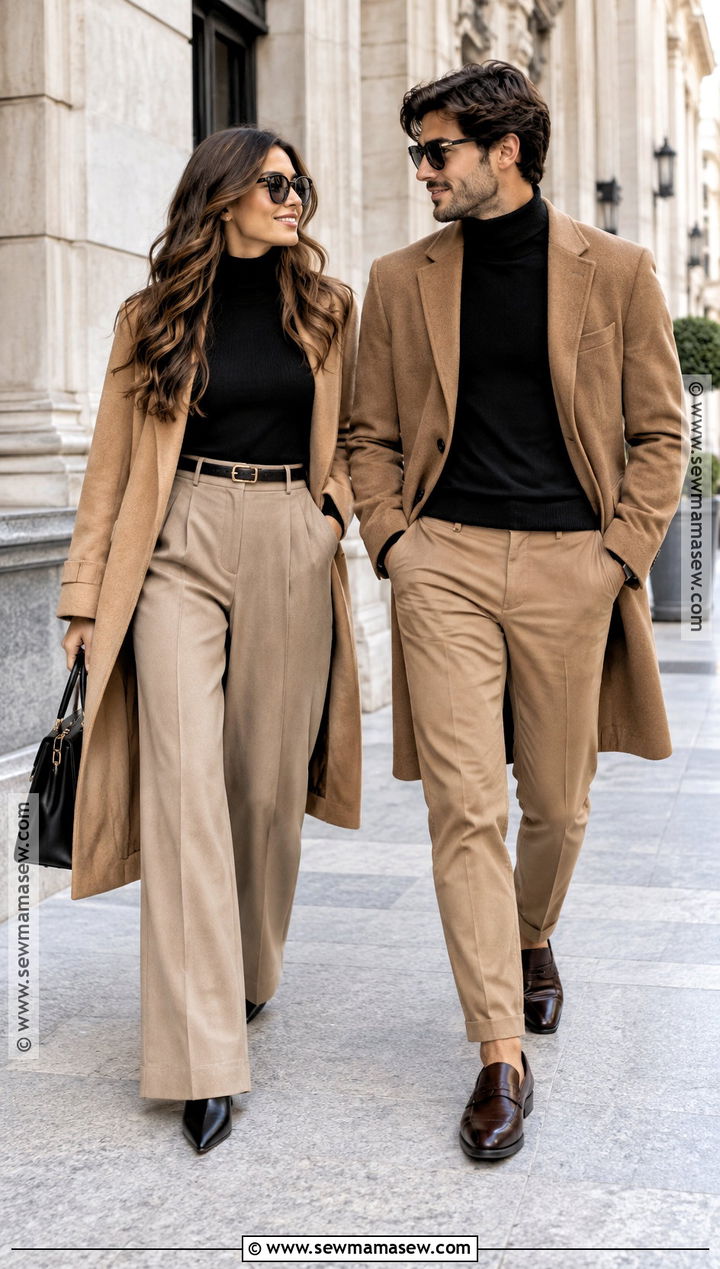 Black Turtleneck And Tan Trousers Couple Outfit - 20 fall couple photoshoot outfit ideas