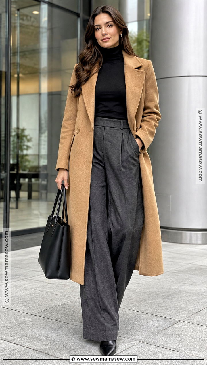 Black Turtleneck Bodysuit With Wide Leg Trousers and Long Coat - 15 Black Bodysuit Fall Outfit Ideas