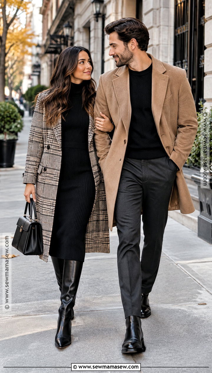 Black Turtleneck Dress With Plaid Coat - 15 engagement photos outfits fall dresses