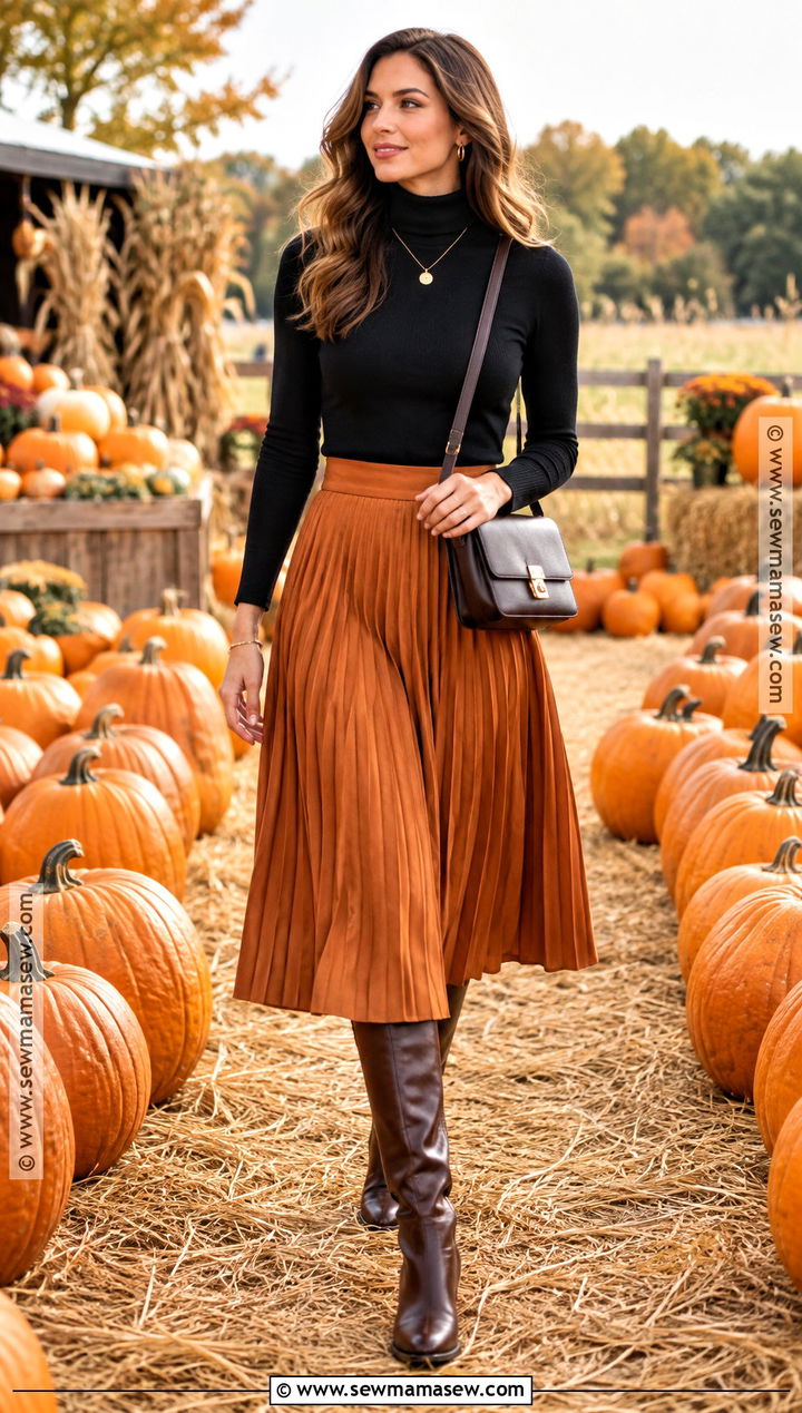 Black Turtleneck Pumpkin Patch Outfit With Orange Midi Skirt - 25 pumpkin patch outfit ideas for women