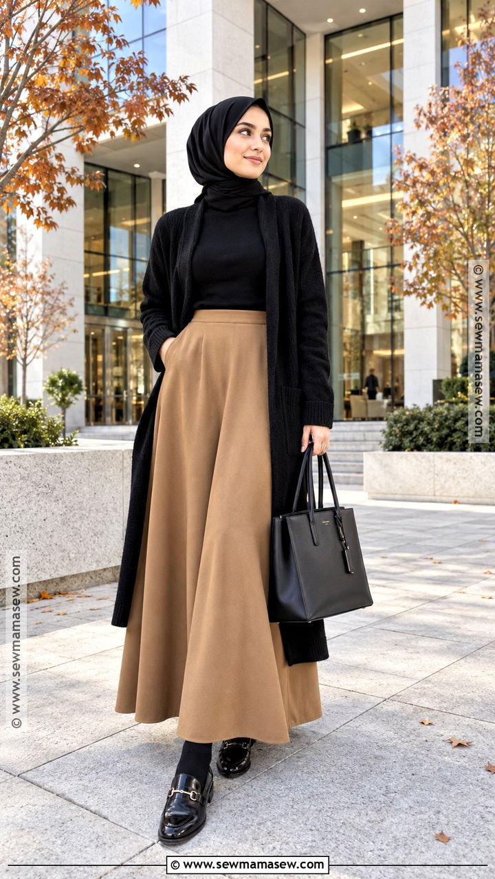 Black Turtleneck With Camel Maxi Skirt And Loafers - 20 Muslim Fall Outfits