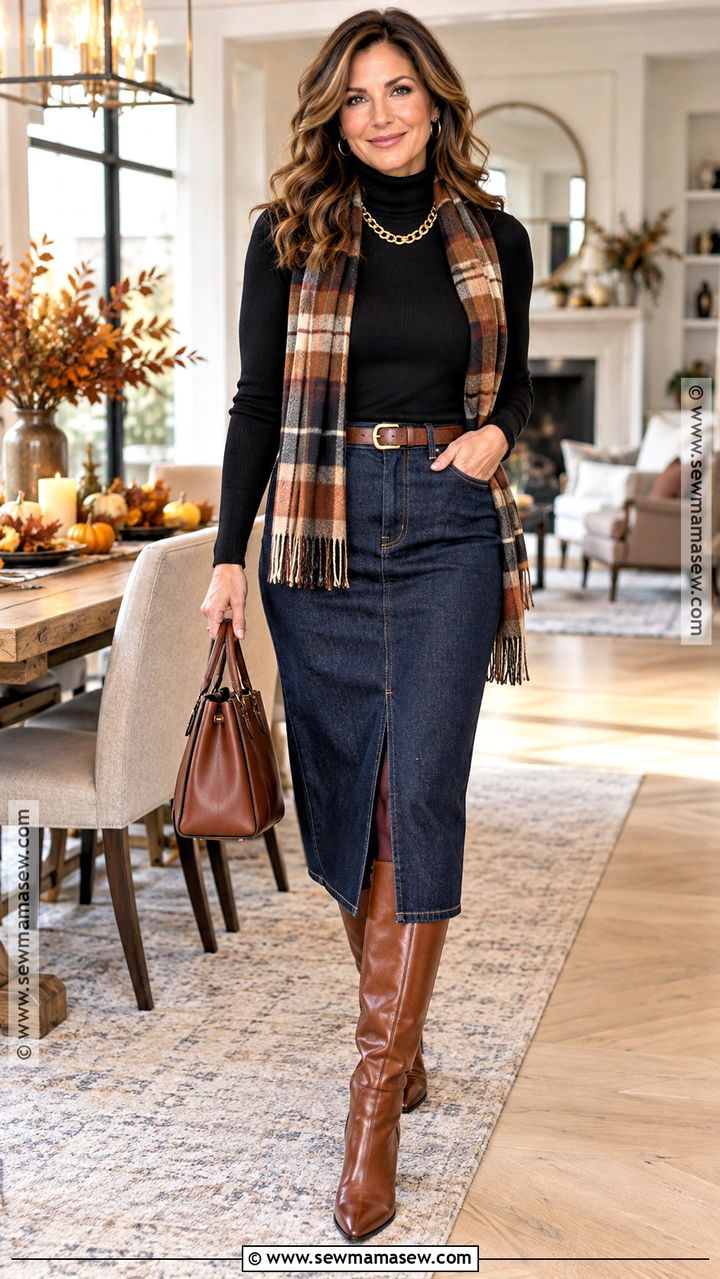 Black Turtleneck With Dark Denim Midi Skirt - 20 Jean Skirt Thanksgiving Outfits