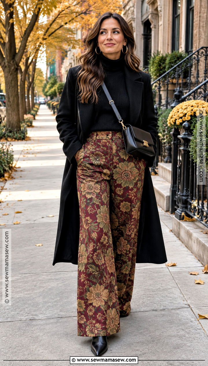 Black Turtleneck With Wide Leg Floral Pants - 15 Autumn Floral Pants