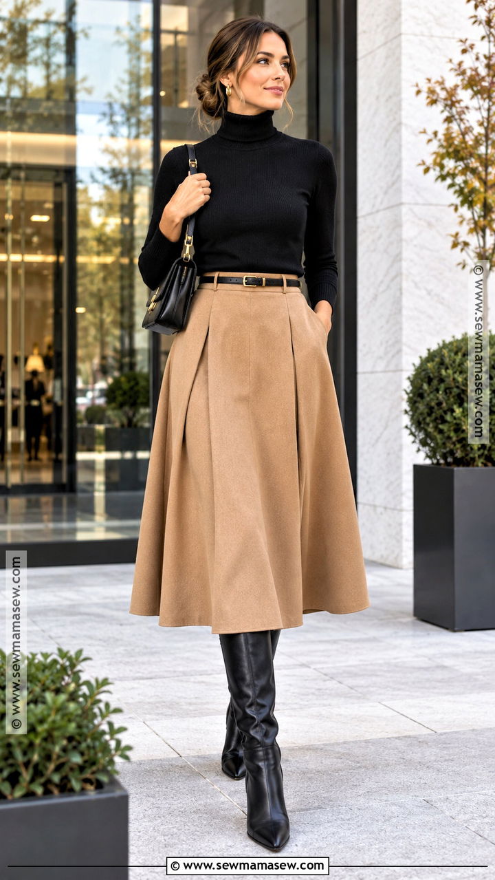 Black Turtleneck and Camel Midi Skirt Outfit - 20 Neutral Fall Outfits for Women