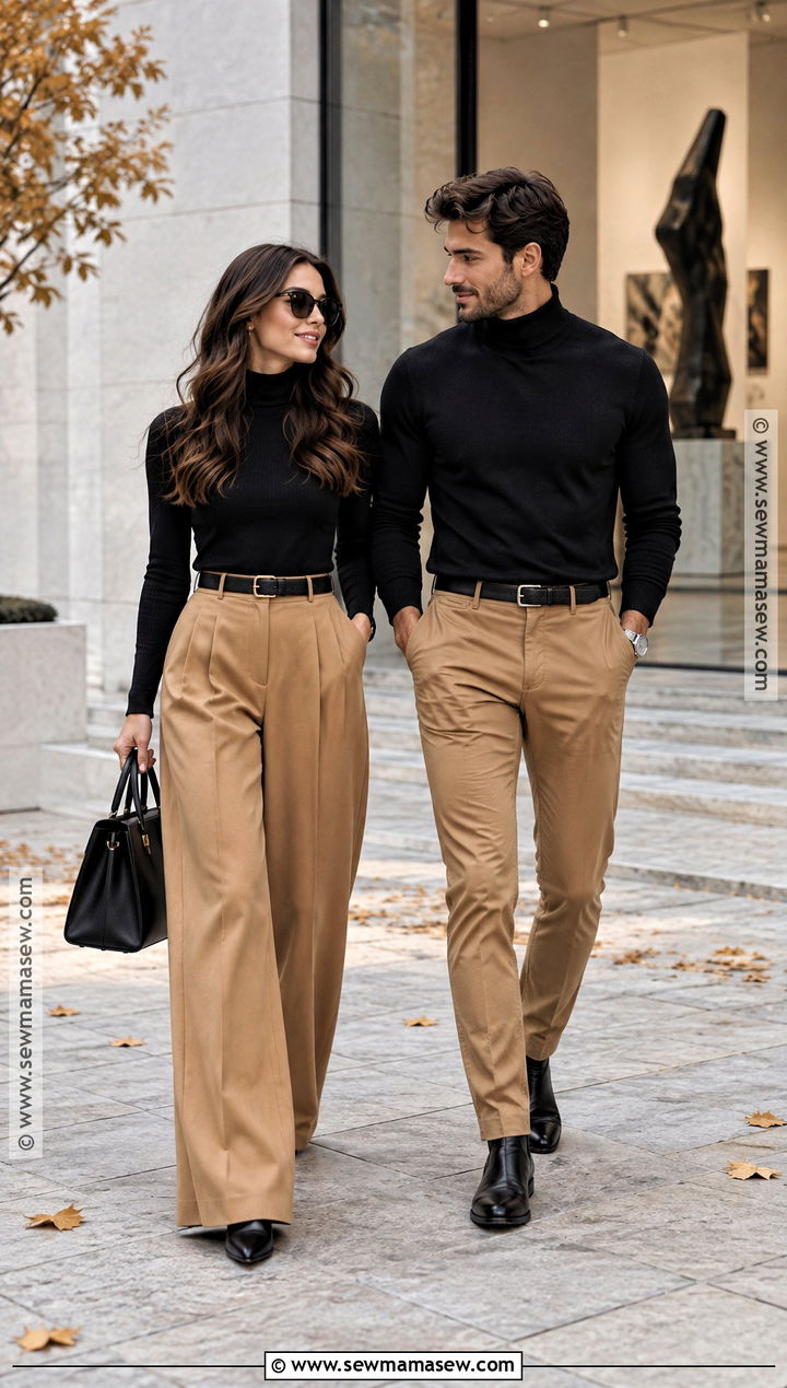 Black Turtleneck and Camel Pants Couple Outfit - 25 matching fall outfits for couples