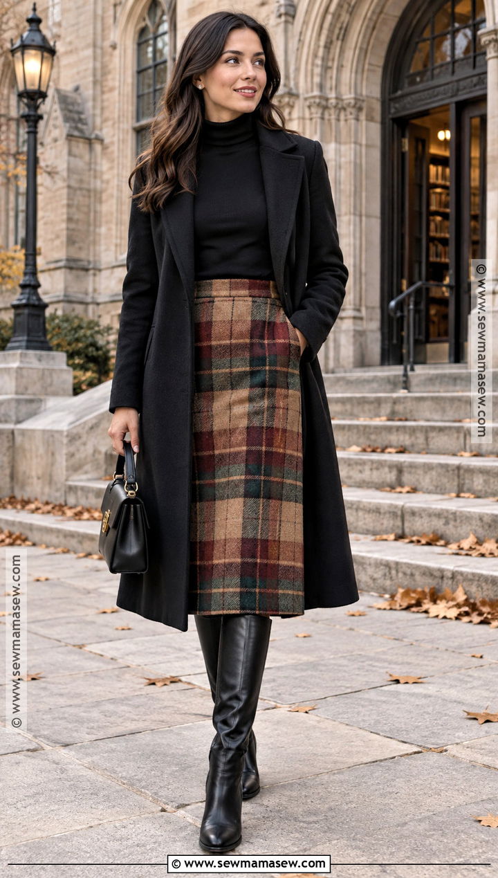 Black Turtleneck and Plaid Midi Skirt Photo Shoot Outfit - 15 November Photo Shoot Outfits