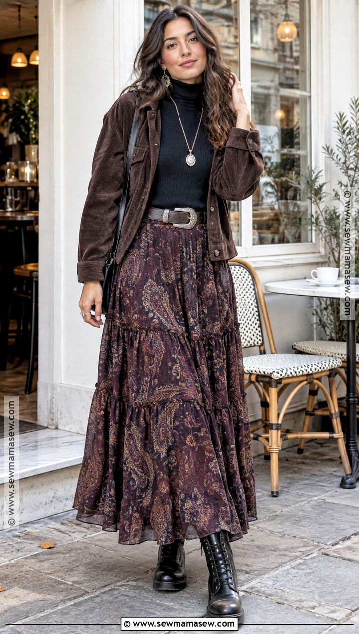 Black Turtleneck and Printed Maxi Skirt Whimsigoth Fall Outfit - 25 whimsigoth fall outfits