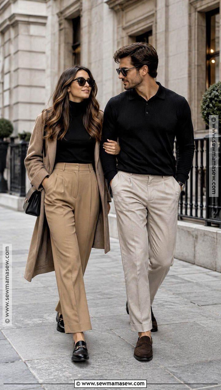 Black Turtleneck and Tan Trousers Fall Couple Outfit - 15 Fall Photos Couples Outfits