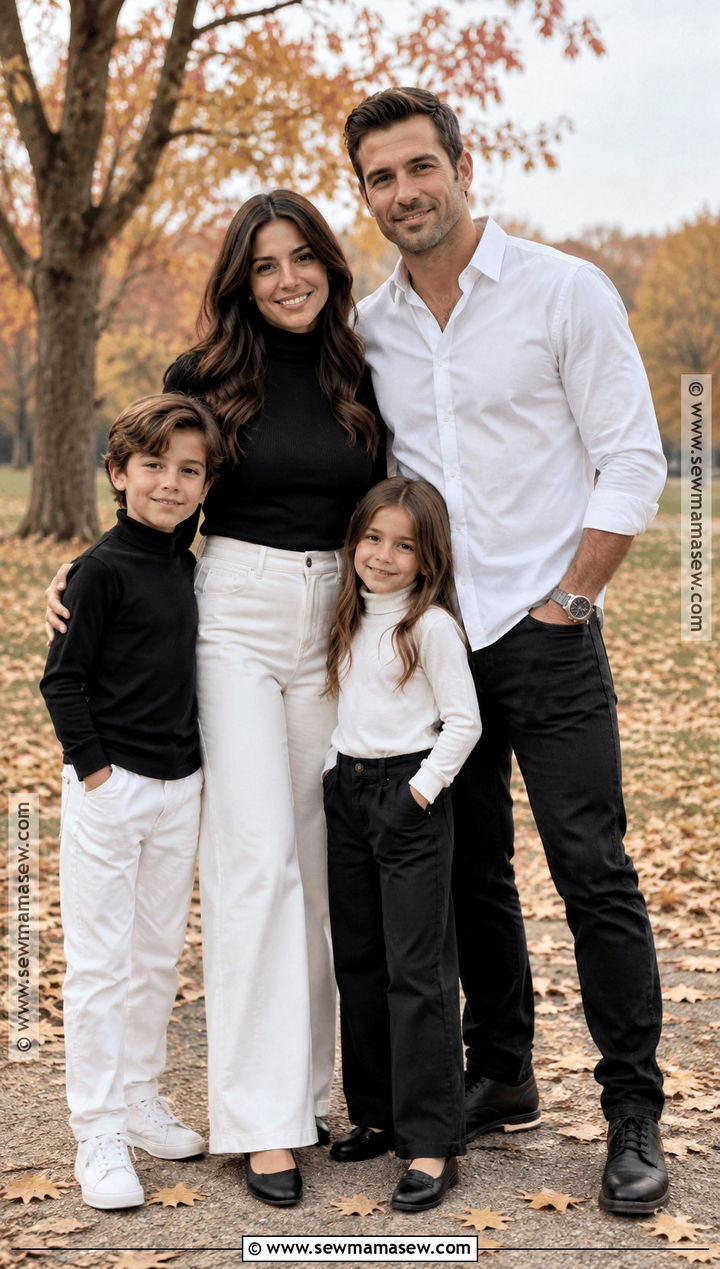 Black Turtlenecks And White Denim Family Outfit - 15 Fall Family Photos Black And White Outfits
