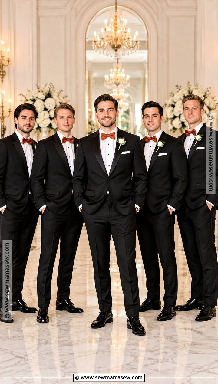 Black Tuxedo And Burnt Orange Bow Tie Groomsmen Attire - 15 fall color groomsmen attire ideas