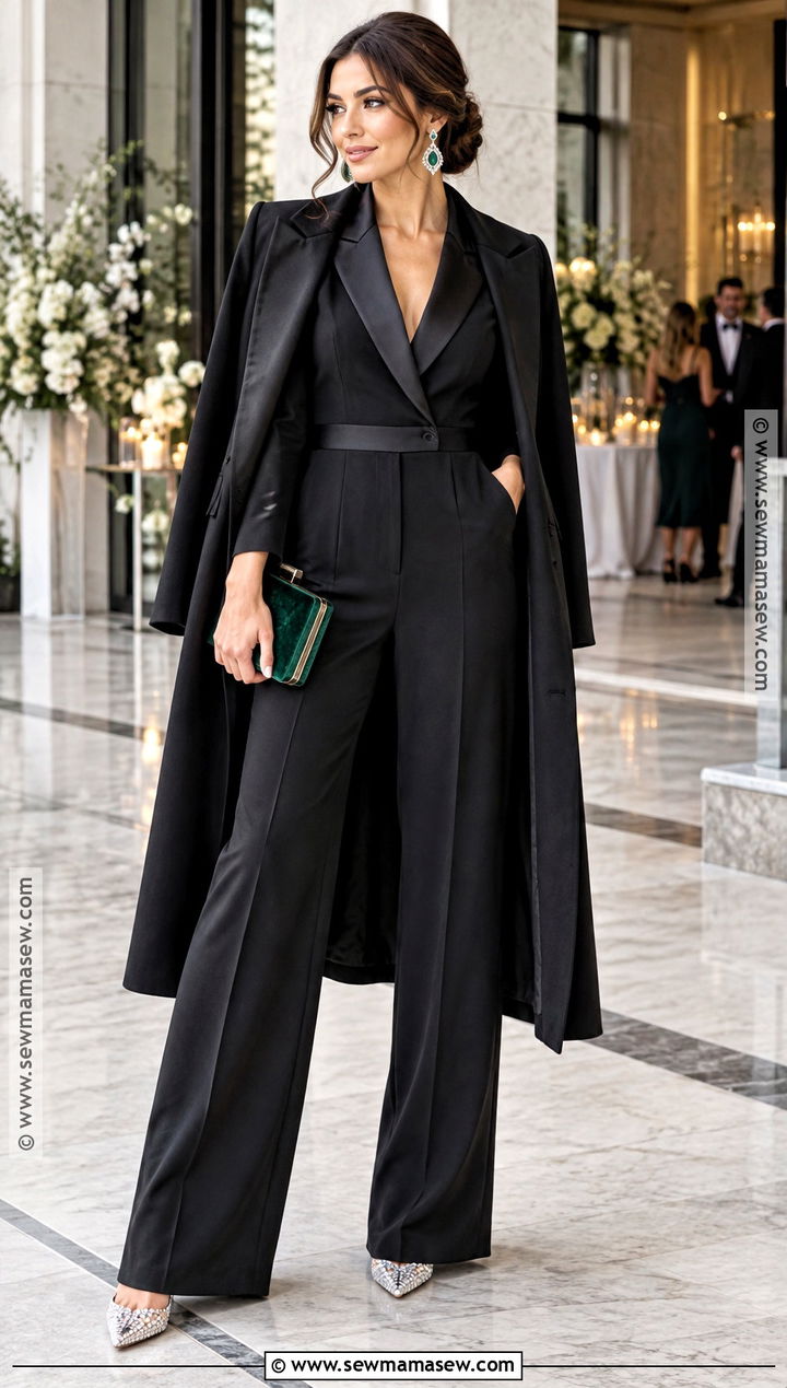 Black Tuxedo Jumpsuit Outfit - 15 fall wedding guest cocktail attire ideas