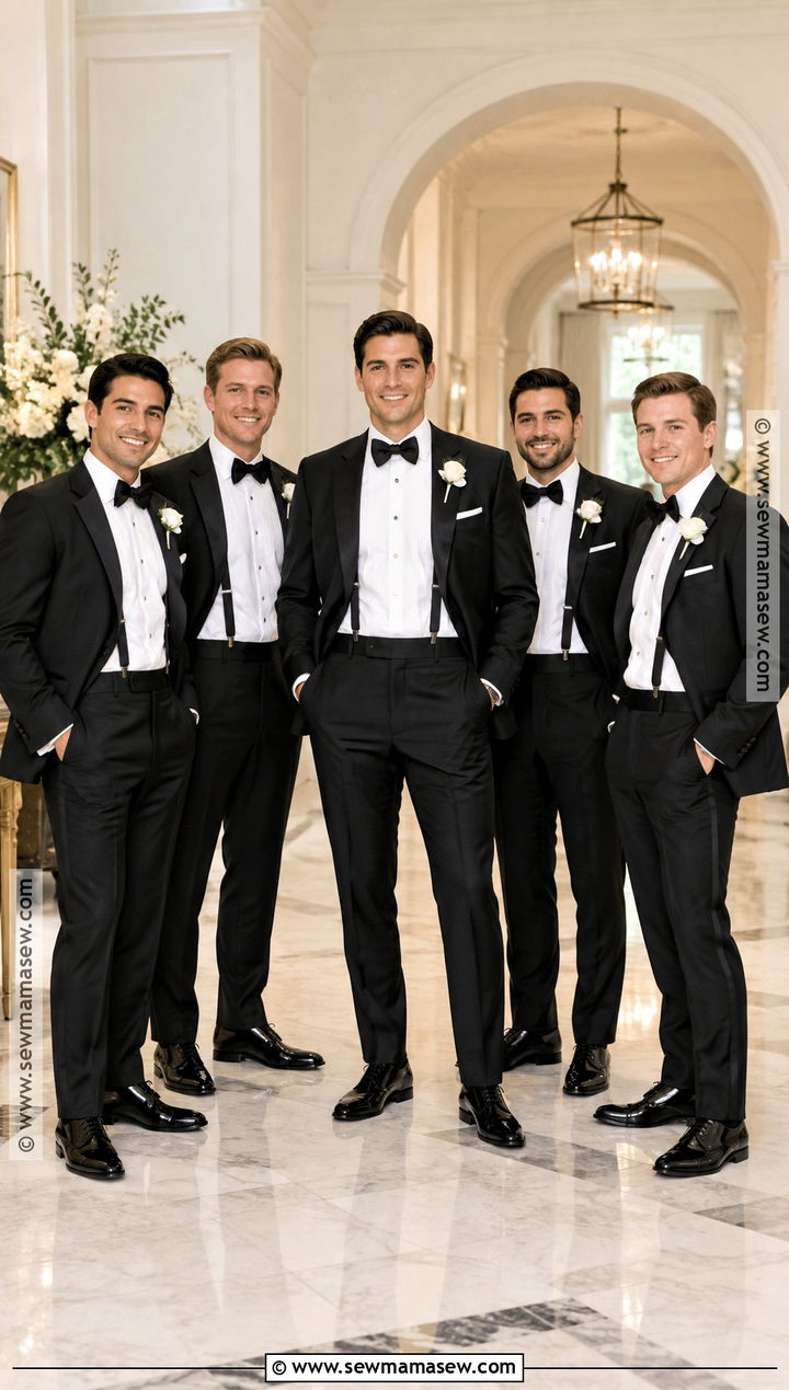 Black Tuxedo With Black Suspenders - 15 fall groomsmen attire suspenders ideas