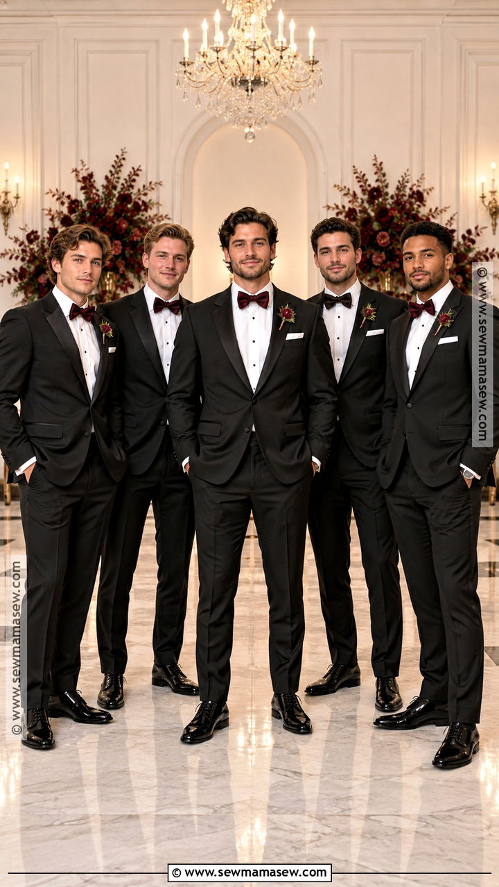 Black Tuxedo With Burgundy Bow Tie - 20 groomsmen fall wedding attire ideas