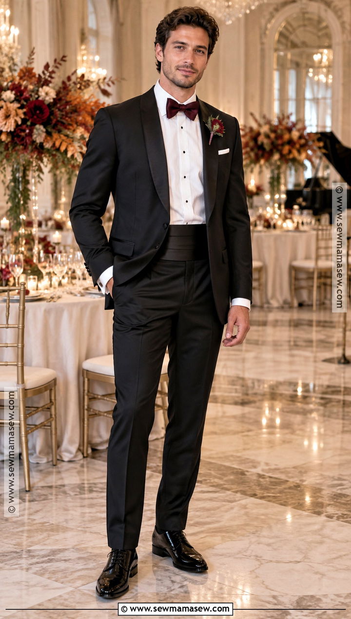 Black Tuxedo With Burgundy Bow Tie - 20 groom fall wedding attire ideas