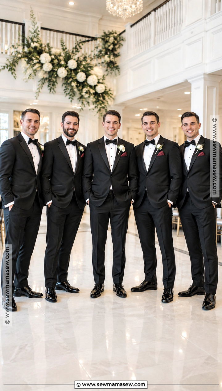 Black Tuxedo With Burgundy Pocket Square - 15 fall groomsmen attire black ideas