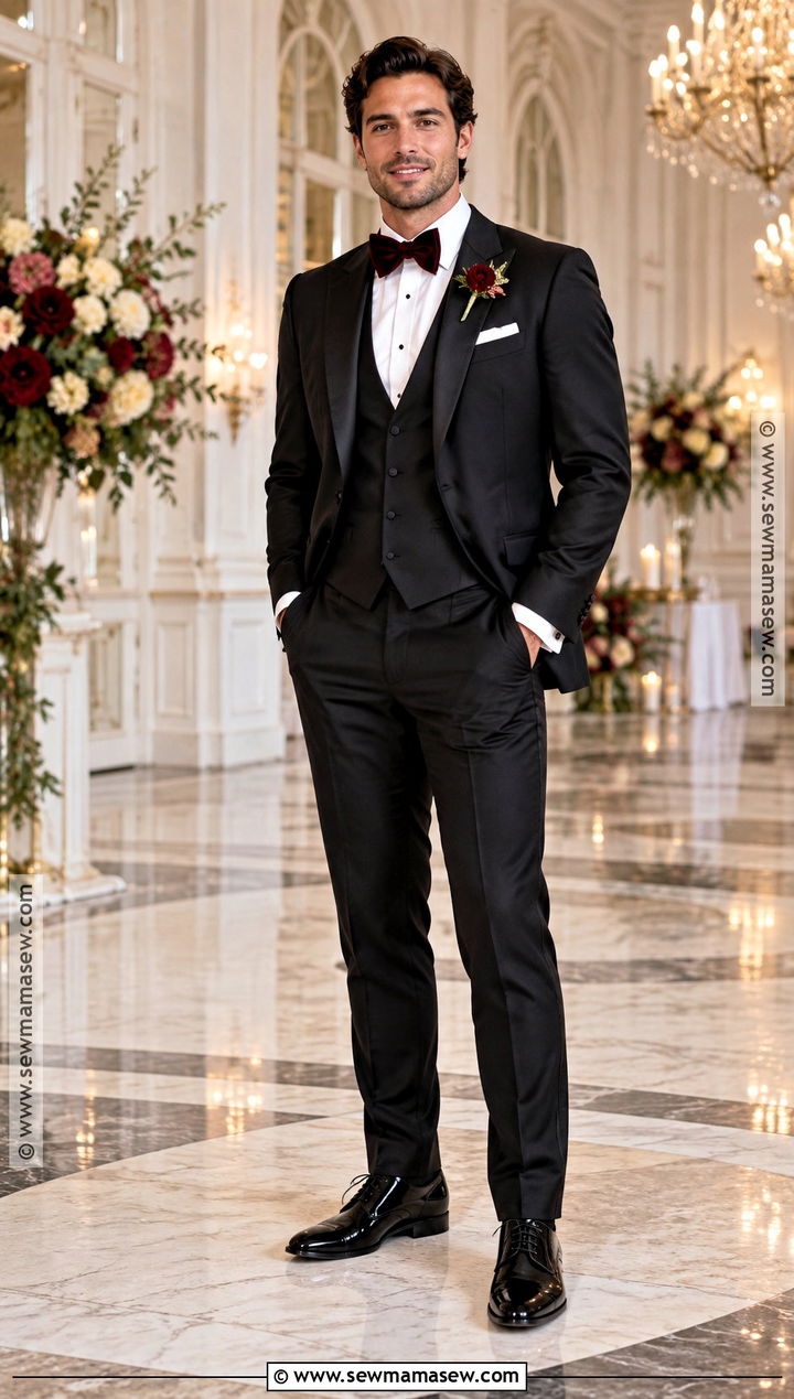 Black Tuxedo With Burgundy Velvet Bow Tie - 20 fall groom attire ideas