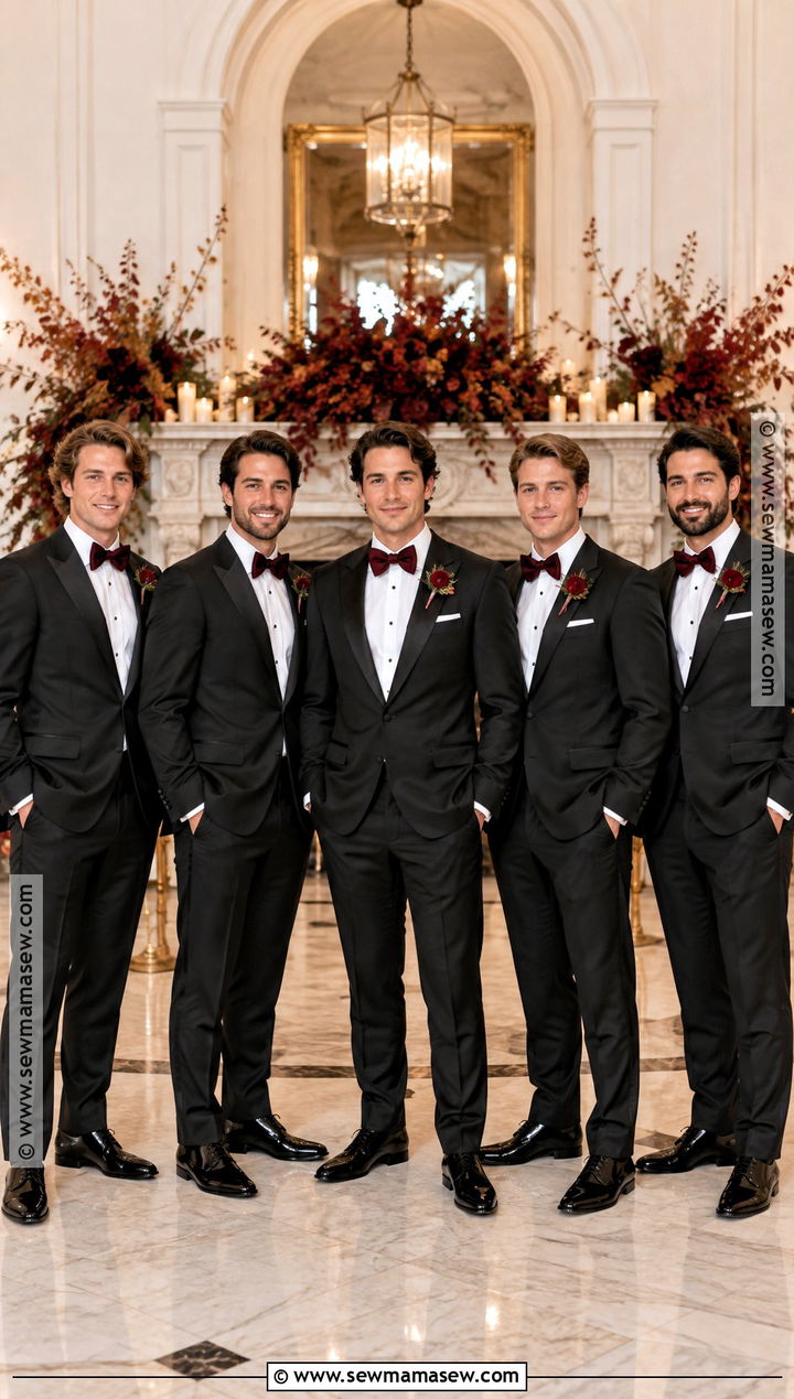 Black Tuxedo With Burgundy Velvet Bow Tie - 15 fall groomsmen attire black ideas