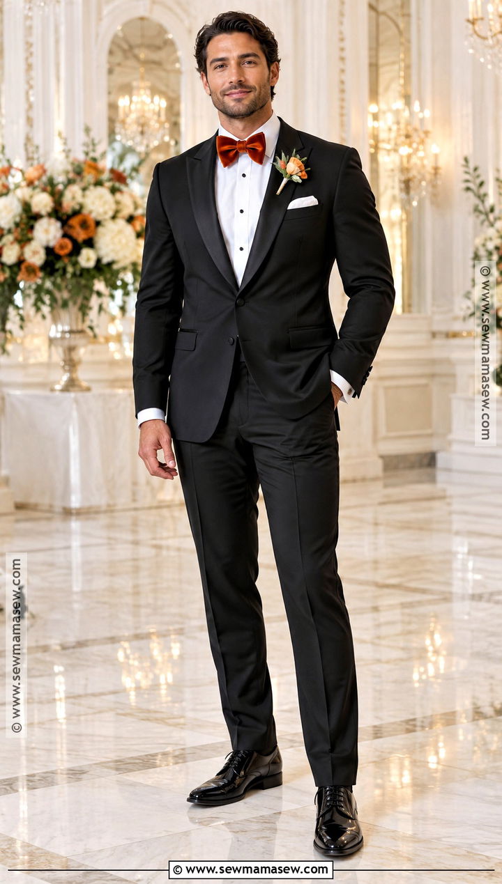 Black Tuxedo With Burnt Orange Bow Tie - 15 fall groom attire burnt orange ideas