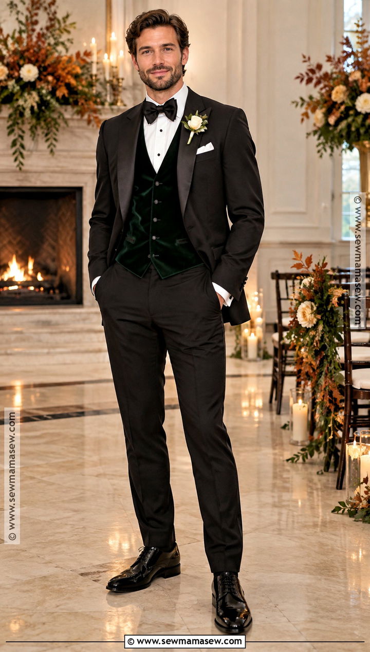 Black Tuxedo With Green Velvet Vest - 15 fall wedding tux groom attire green ideas