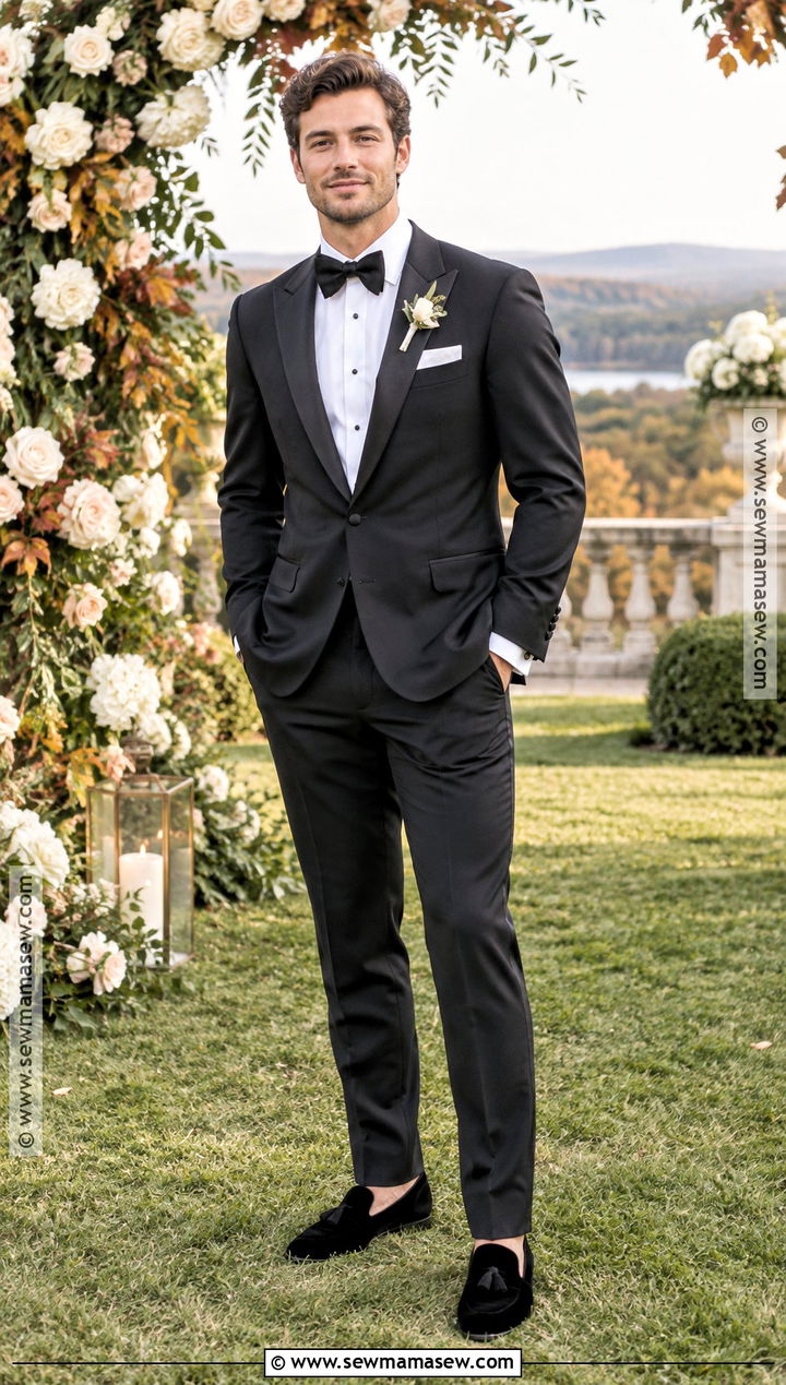 Black Tuxedo With Velvet Loafers - 15 fall outdoor wedding groom attire ideas
