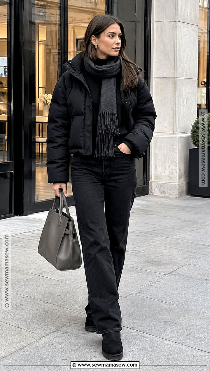 Black UGG Boots With Monochrome Outfit And Puffer Jacket - 20 ugg autumn outfit ideas