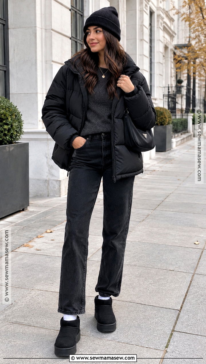 Black UGG Boots With Puffer Jacket and Jeans - 15 fall ugh outfits