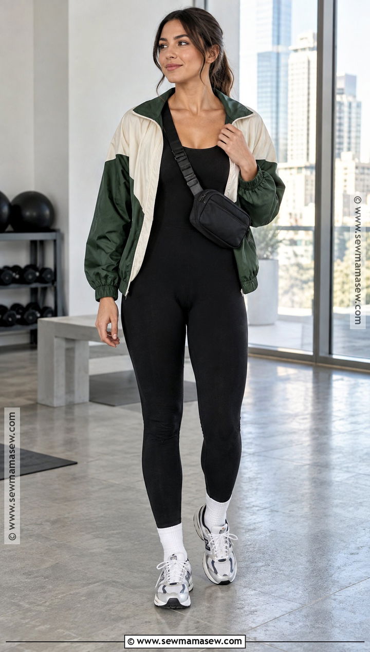 Black Unitard And Lightweight Windbreaker Fall Gym Outfit - 20 fall gym outfits for women