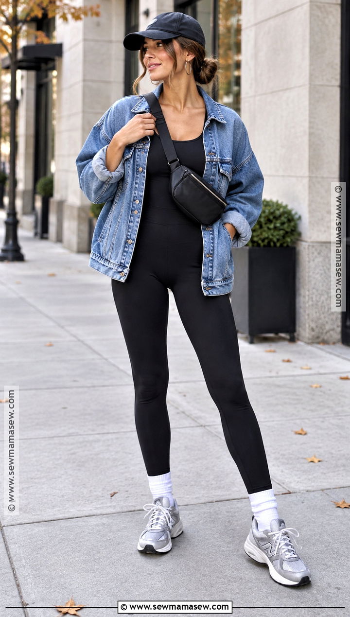 Black Unitard and Denim Jacket Athleisure Outfit - 15 athleisure outfits fall 2026