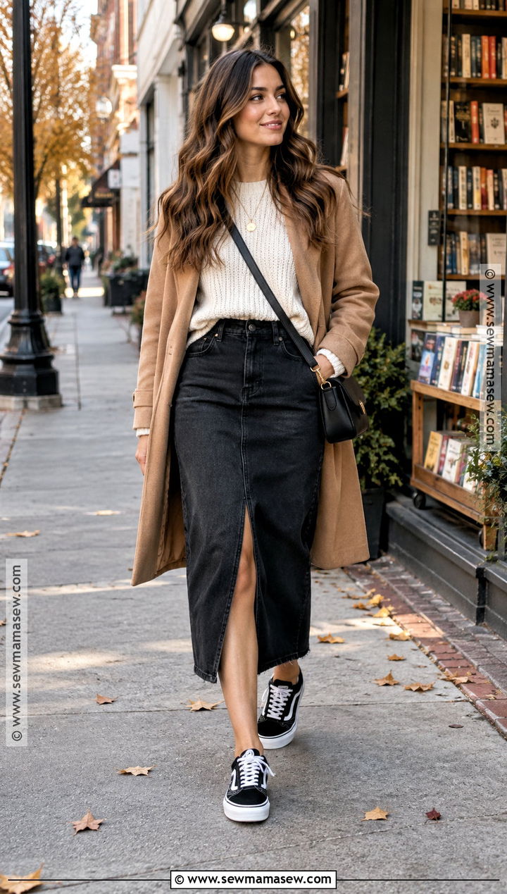 Black Vans With Denim Skirt And Chunky Sweater - 15 Black Vans Outfit Fall Ideas