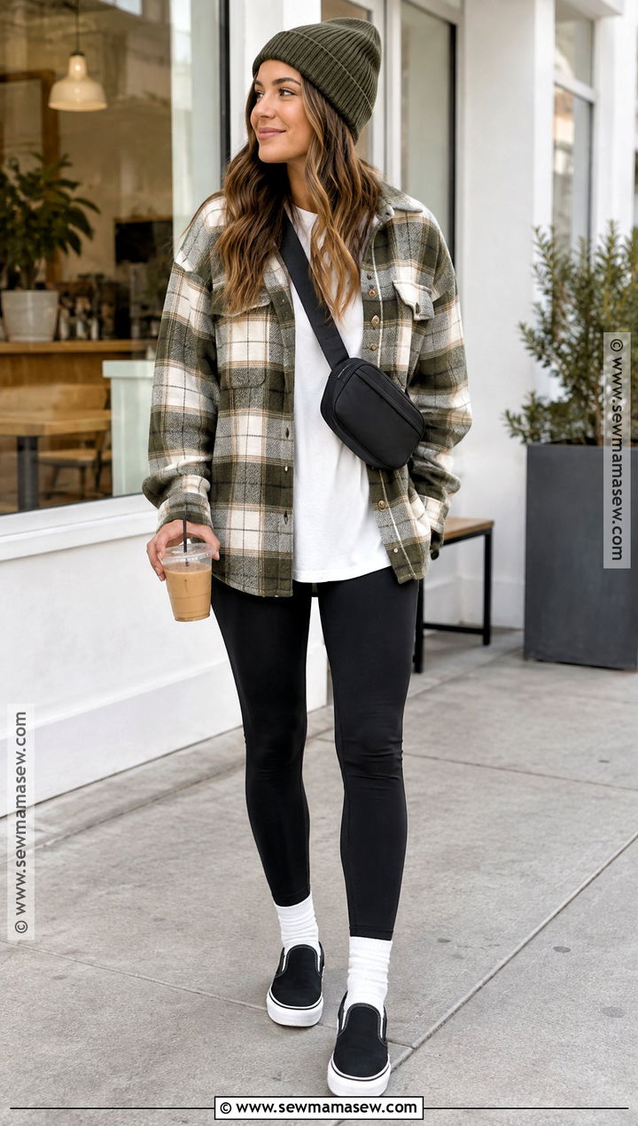 Black Vans With Leggings And Plaid Shacket - 15 Black Vans Outfit Fall Ideas