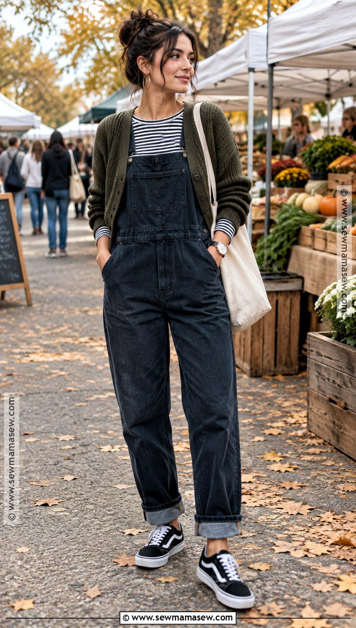 Black Vans With Overalls And Striped Shirt - 15 Black Vans Outfit Fall Ideas