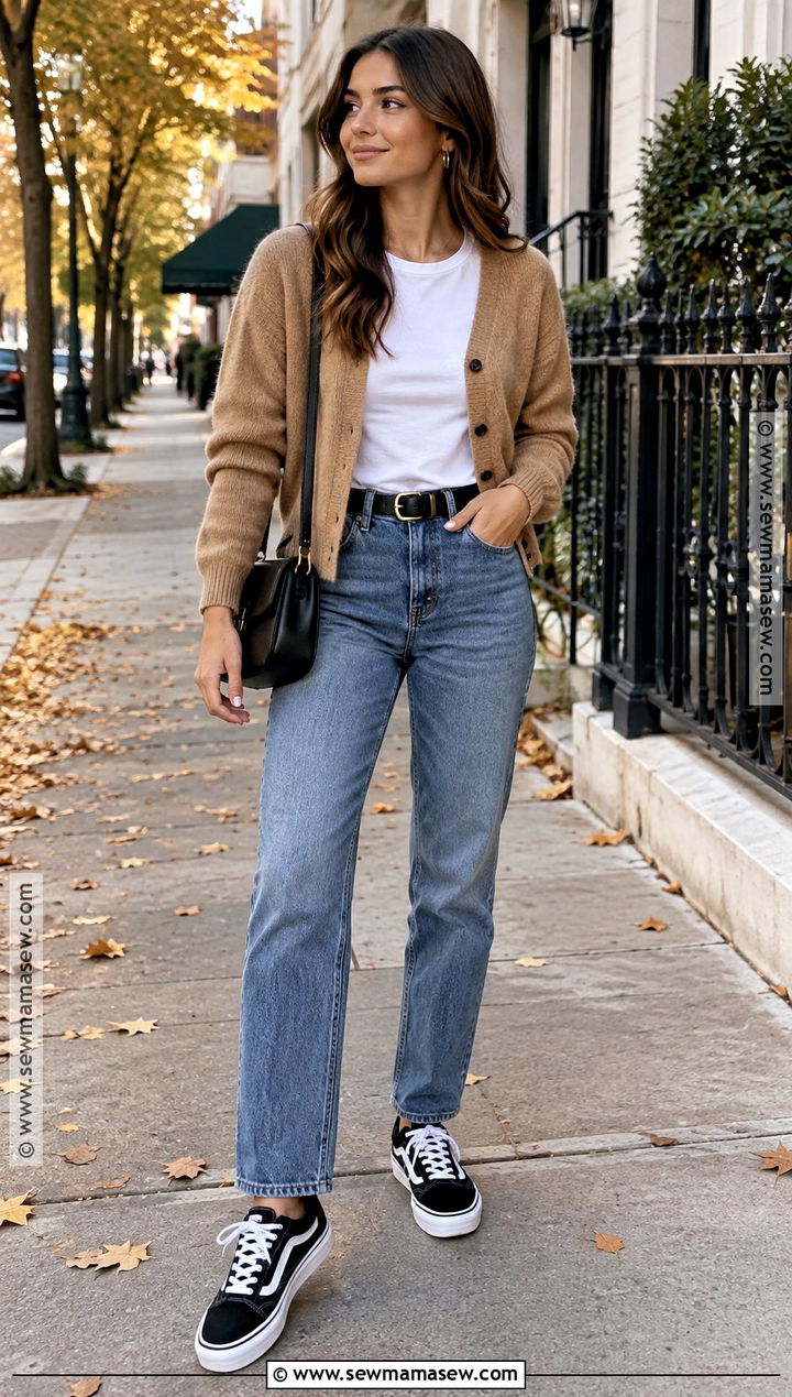 Black Vans With Straight Leg Jeans And Cardigan - 15 Black Vans Outfit Fall Ideas
