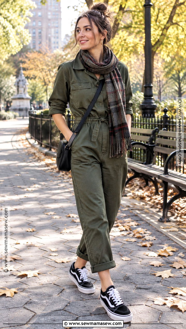 Black Vans With Utility Jumpsuit And Crossbody Bag - 15 Black Vans Outfit Fall Ideas