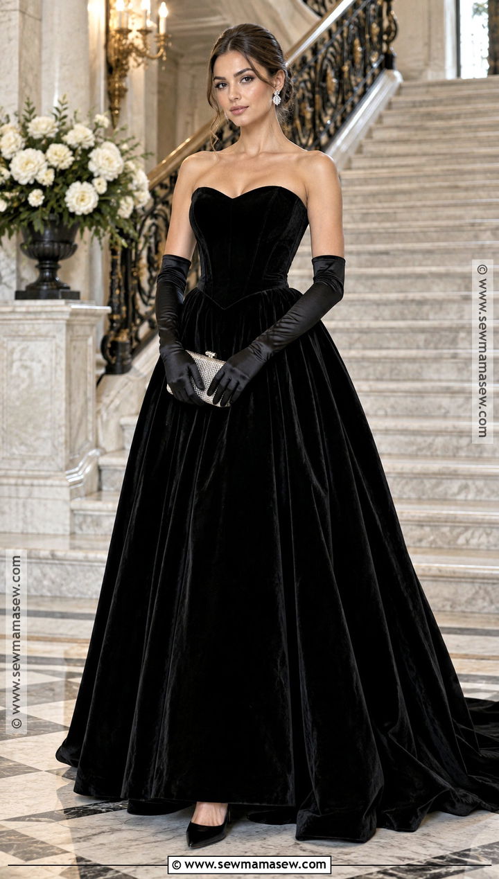 Black Velvet Autumn Ball Gown With Gloves - 20 Autumn Ball Gown Ideas