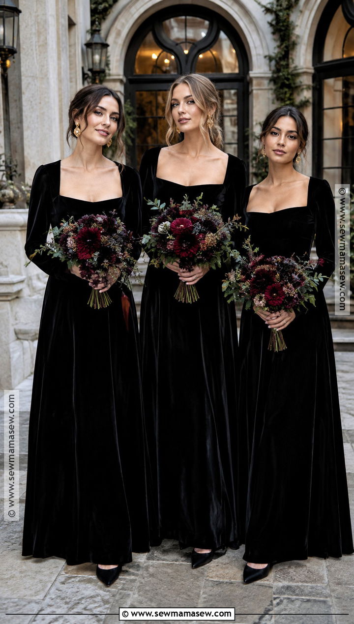 Black Velvet Bridesmaid Dress With Burgundy Flowers - 15 Fall Wedding With Black Bridesmaid Dresses
