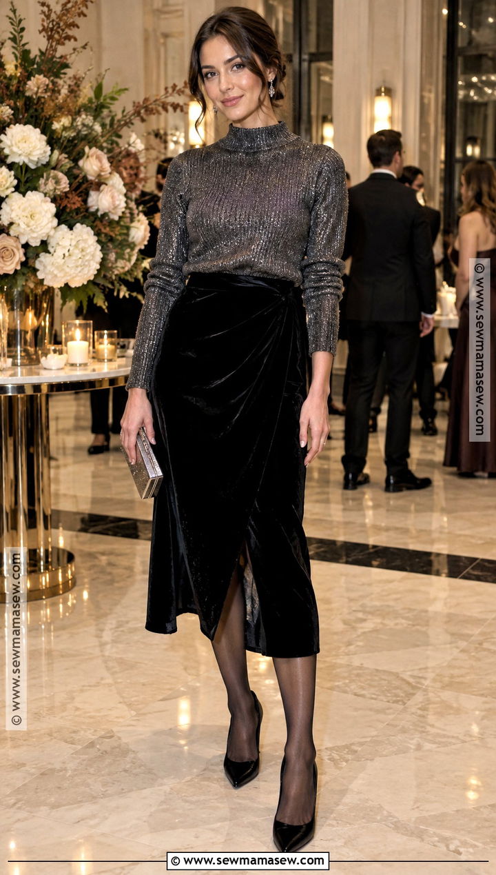 Black Velvet Dress With Metallic Sweater - 15 Fall Wedding Guest Dress With Sweater Ideas