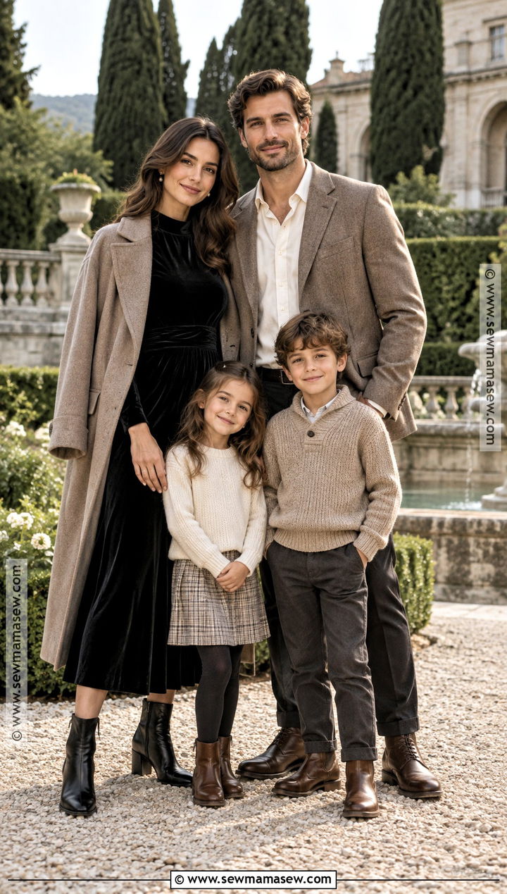Black Velvet Dress With Taupe Family Outfits - 15 Black Dress Fall Photoshoot Ideas for Family