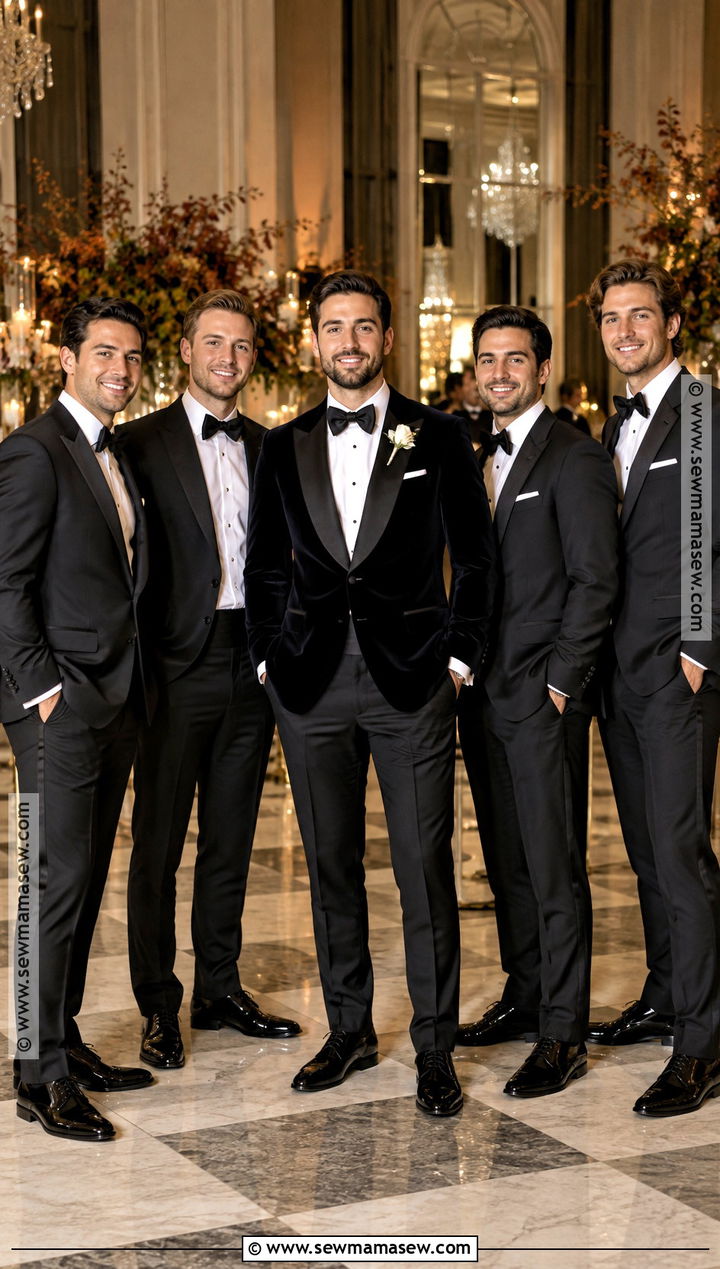 Black Velvet Groom Jacket With Black Tuxedo Groomsmen - 15 groom and groomsmen attire fall wedding ideas