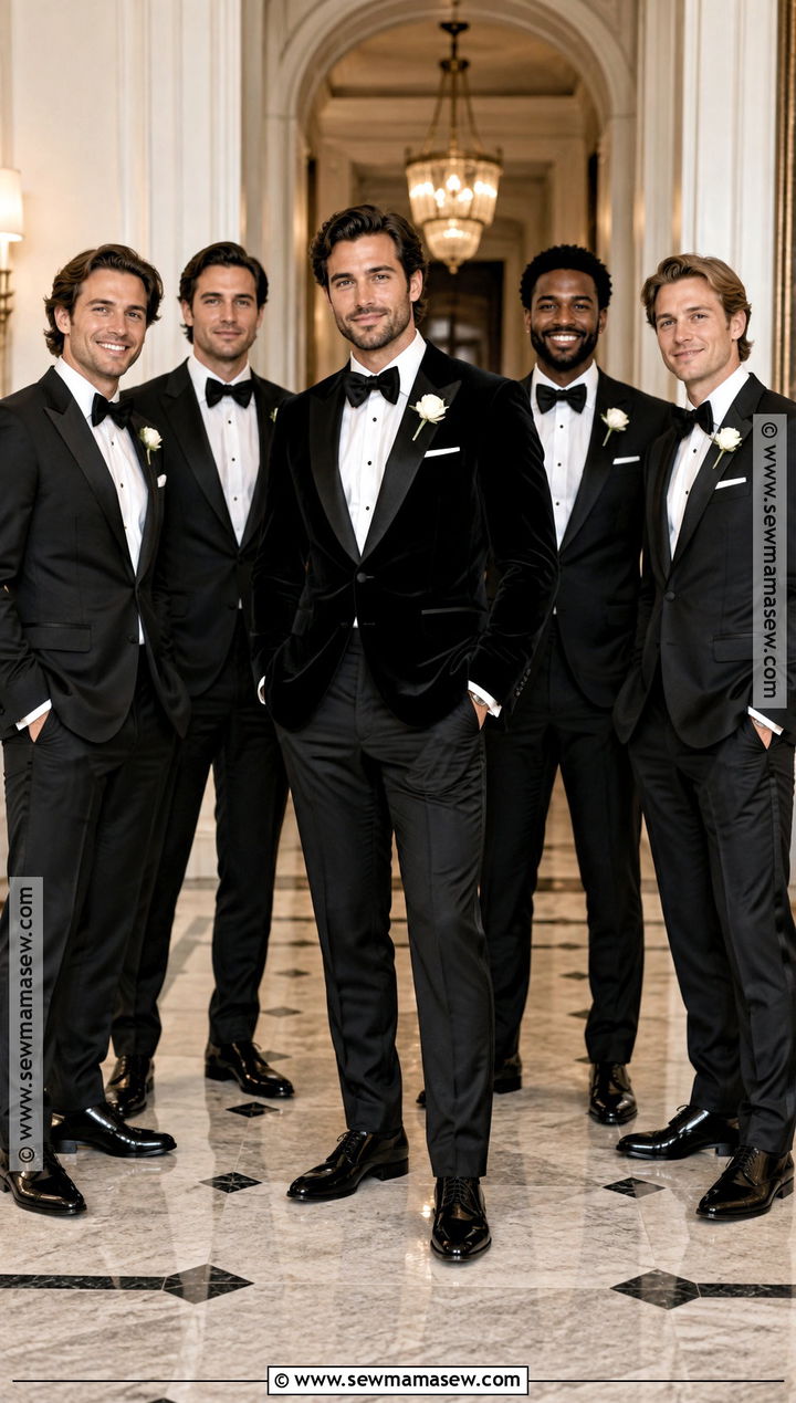 Black Velvet Groom Tuxedo With Black Groomsmen Tuxedos - 15 fall groom and groomsmen attire ideas