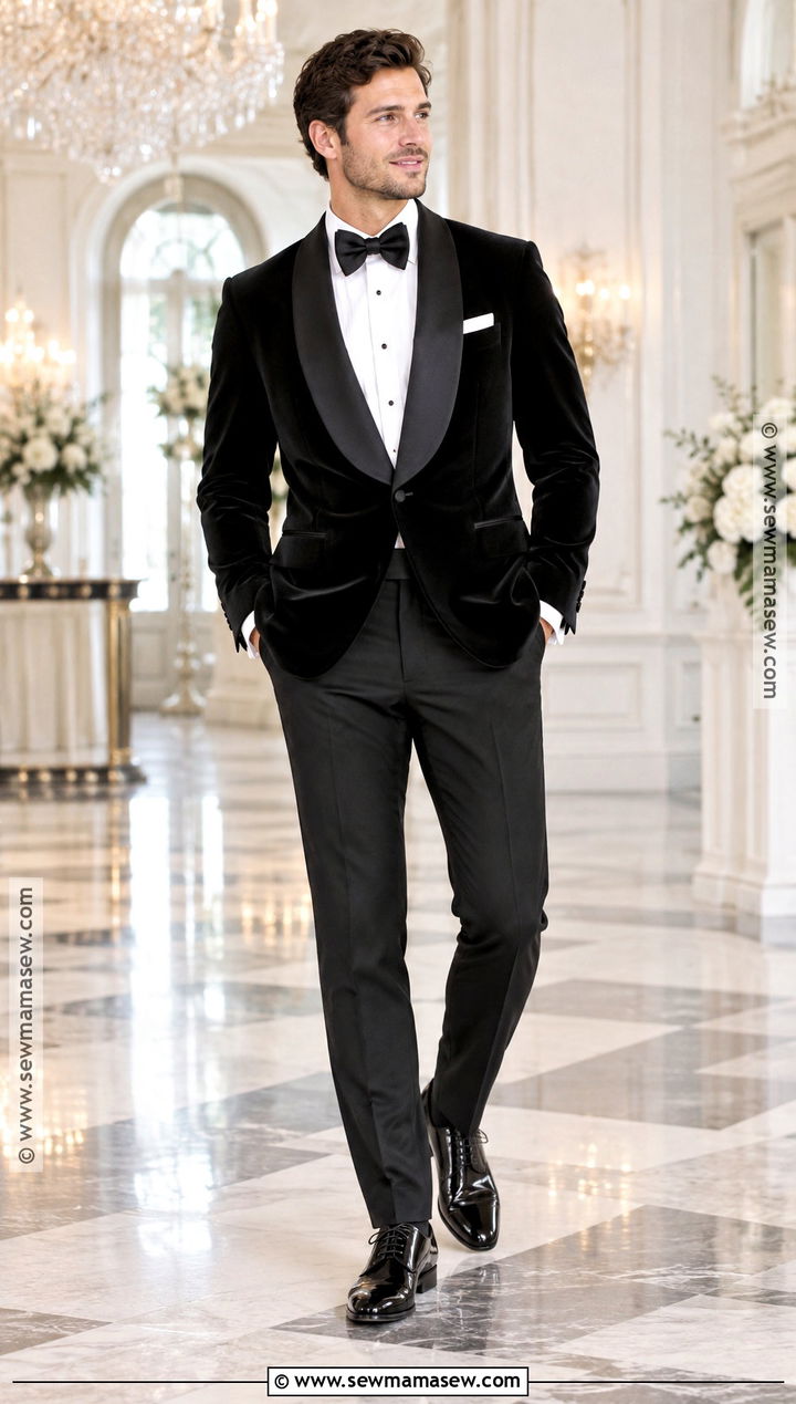 Black Velvet Groomsmen Tuxedo With Bow Tie - 15 fall wedding party attire groomsmen ideas